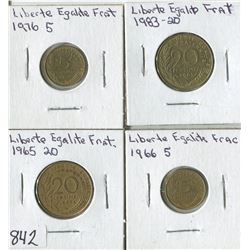 LOT OF 4 WORLD COINS (LIBERTE EGALITE FRAT) *1965-66-76-83*