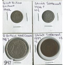 LOT OF 4 WORLD COINS (GREAT BRITAN SIX PENSE, HALF CROWN-STRAIT SETTLEMENT 1 CENT, 10 CENT) *1889-19