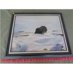 ORIGINAL MUSKOX, SNOW SCENE, FRAMED, SIGNED PAINTING