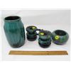 Image 1 : LOT OF 4 BLUE MOUNTAIN PIECES (2 CANDLEHOLDER, 2 VASES, NO CHIPS OR CRACKS) *VASE 7 INCHES HIGH*