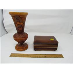 WOODEN VASE AND WOODEN MUSICAL JEWELLERY BOX (WORKING)