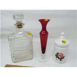 LOT OF 3 GLASS PIECES (DECANTER WITH LID, JAR WITH LID MADE IN FRANCE, SLENDER RED VASE)