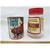 882  LOT INCLUDING PUZZLE IN A CAN AND A COFFEE JAR (GLASS MAXIM FREEZE DRIED COFFEE, SNOW WHITE JIGSAW 