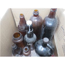 LOT OF BROWN JUGS AND BOTTLES JAVEX, WHISKEY ETC