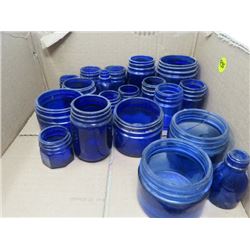 LOT OF BLUE GLASS CONTAINERS ETC