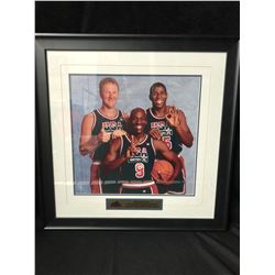 THE DREAM TEAM  24" X 24" FRAMED PHOTO -BIRD/ JORDAN/ JOHNSON- (1982 OLYMPIC GOLD MEDALISTS)