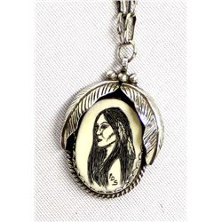 Choctaw Sterling Scrimshaw Pendant Necklace