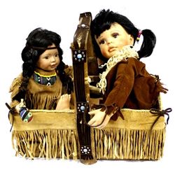 Vintage Basket with 2 Native American Style Dolls
