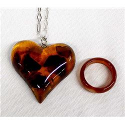 Heart Shaped Amber Pendant Necklace and Ring