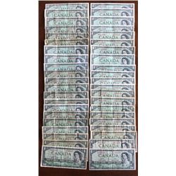 63 Canadian 1954 Notes, One Dollar, Two Dollar, Five Dollar there are some Devils Face included