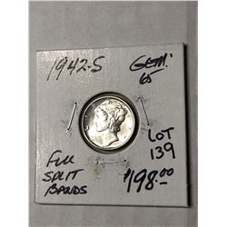 1942 S Full Split Bands GEM65 Mercury Silver Dime High Grade