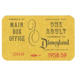 1958 Complimentary Disneyland Admission Pass.