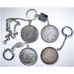 3-SILVER DOLLAR KEY CHAINS & 1-NECKLACE