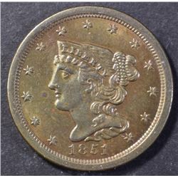 1851 HALF CENT, CH BU+ NICE!!
