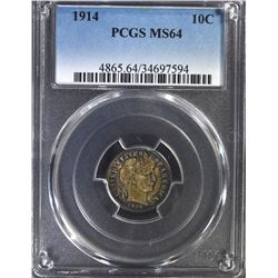 1914 BARBER DIME, PCGS MS-64