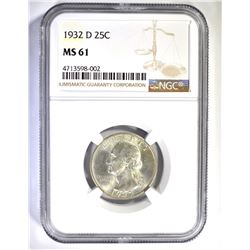 1932-D WASHINGTON QUARTER, NGC MS-61 NICE!