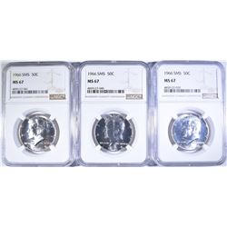 (3) 1966 SMS KENNEDY HALVES NGC MS 67