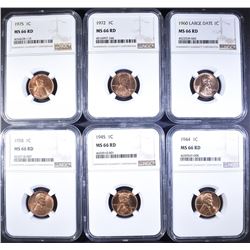 (6) P MINT LINCOLN CENTS NGC MS-66 RD