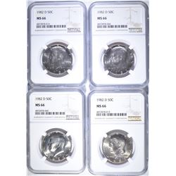 (4) 1982 D KENNEDY HALF DOLLARS NGC MS-66