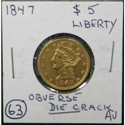 1847 $5 LIBERTY GOLD COIN