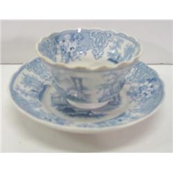 BLUE & WHITE TRANSFERWARE CUP & SAUCER