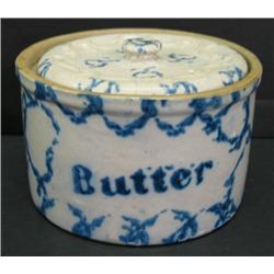 BLUE SPONGEWARE BUTTER CROCK