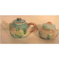 MAJOLICA TEAPOT & SUGAR DISH