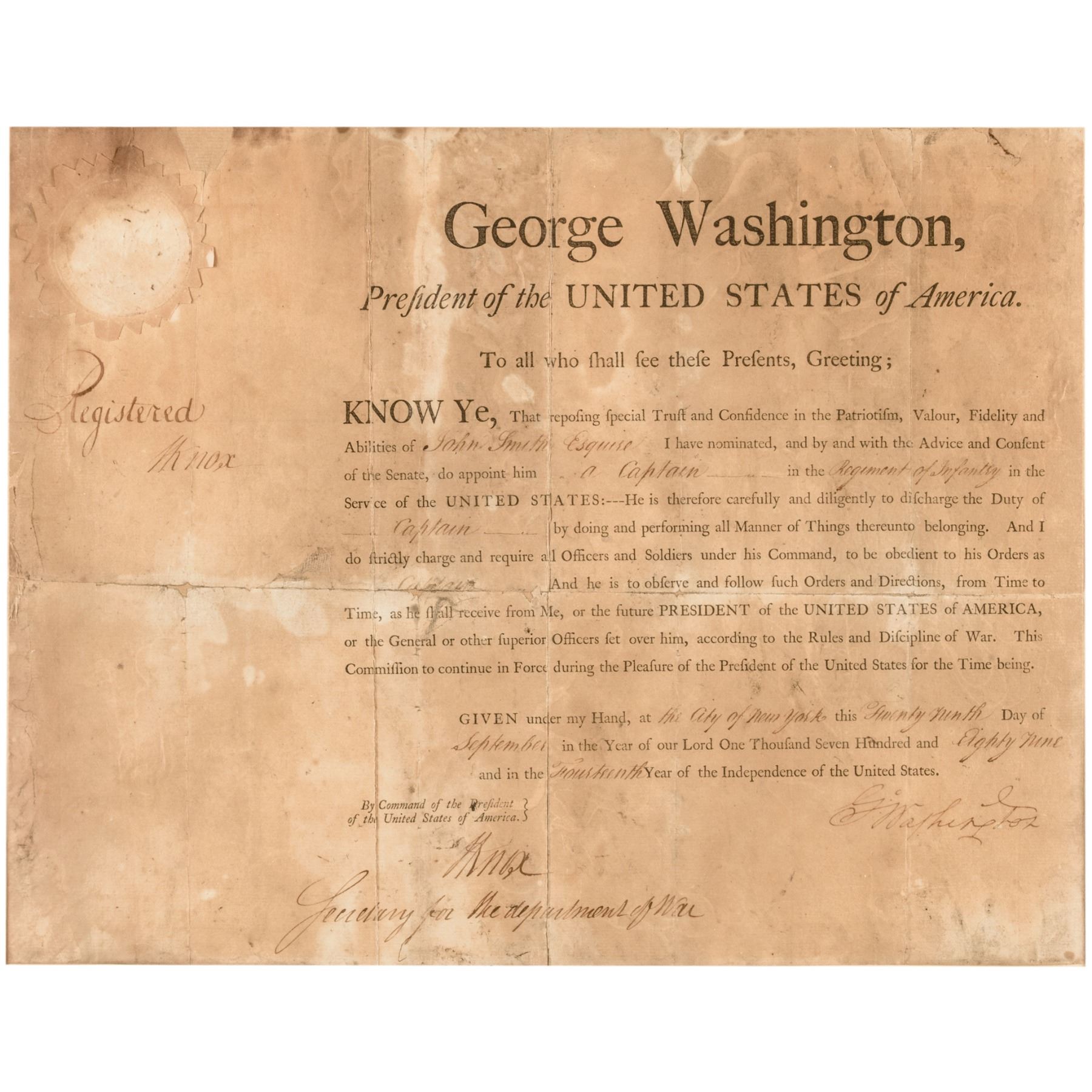 1789 GEORGE WASHINGTON Signed His First Year as President Military ...