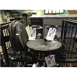 SHELF OF ASSORTED SPEAKERS, HORNS & SPEAKER GRILLES