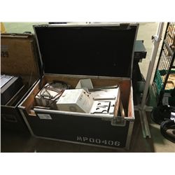 29"H X 44"W X 23"D  BLACK WOOD MOBILE ROAD CASE WITH INDUSTRIAL CHARGER & MISC ELECTRONICS