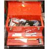 Image 1 : RED TOOL BOX W/ ASSORTED CARPET LAYING TOOLS