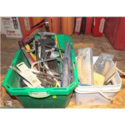BIN OF ASSORTED HAND SAWS W/ PAIL OF TROWELS