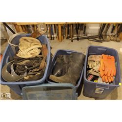 3 TOTES OF ASSORTED TOOL BAGS, HARDHATS,