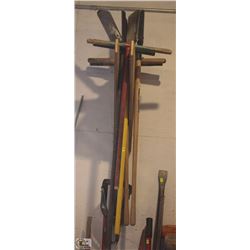 LOT OF 5 POST HOLE DIGGERS, ONE MISSING HANDLE
