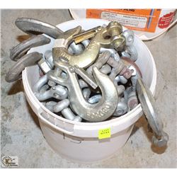 ROUND PAIL OF ASSORTED BOW CLEVIS & HOOKS