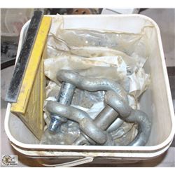 PAIL OF ASSORTED SCREWS, CLEVIS & FRAMING SQUARE