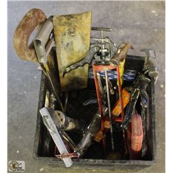 CRATE OF SILICONE GUN, HAMMERS, STEEL TAPE