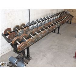 LOT OF ASSORTED SIZE DUMBBELLS W/ RACK