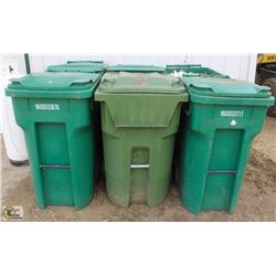 LOT OF 6 GREEN 96 GALLON ROLLING GARBAGE BINS