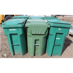 LOT OF 6 GREEN 96 GALLON ROLLING GARBAGE BINS