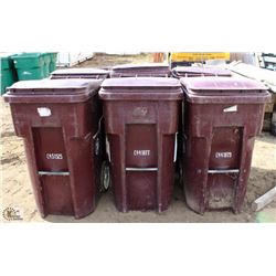 LOT OF 6 BURGUNDY 96 GALLON ROLLING GARBAGE BINS