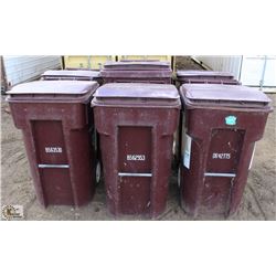 LOT OF 5 BURGUNDY 64 GALLON ROLLING GARBAGE BINS &