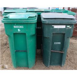 LOT OF 5 BURGUNDY 96 GALLON ROLLING GARBAGE BINS