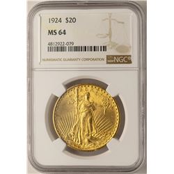 1924 $20 St. Gaudens Double Eagle Gold Coin NGC MS64