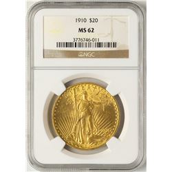 1910 $20 St. Gaudens Double Eagle Gold Coin NGC MS62