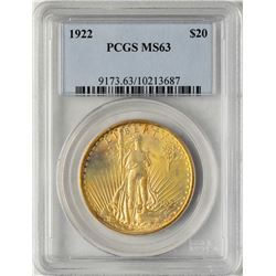 1922 $20 St. Gaudens Double Eagle Gold Coin PCGS MS63