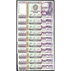 Lot of (10) 1988 Peru Cinco Mil Intis Uncirculated Bank Notes