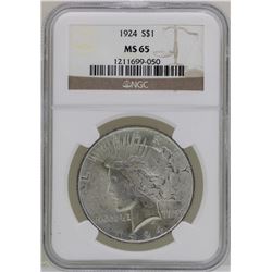 1924 $1 Peace Silver Dollar Coin NGC MS65