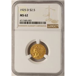 1925-D $2 1/2 Indian Head Quarter Eagle Gold Coin NGC MS62