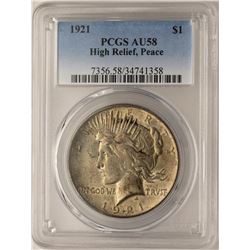 1921 High Relief $1 Peace Silver Dollar Coin PCGS AU58